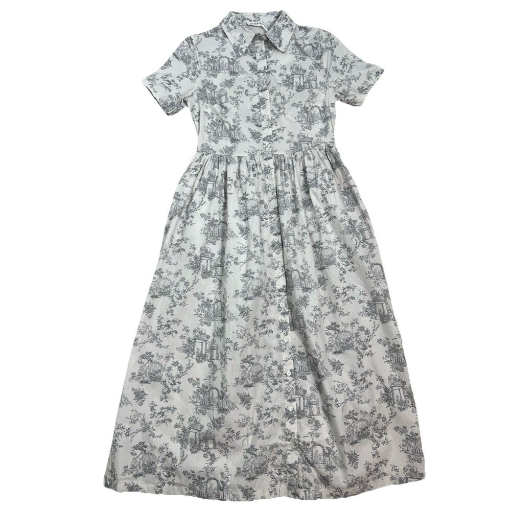 Storia White Gray floral Shirt Dress Costal Romantic Cottage Core Size S New